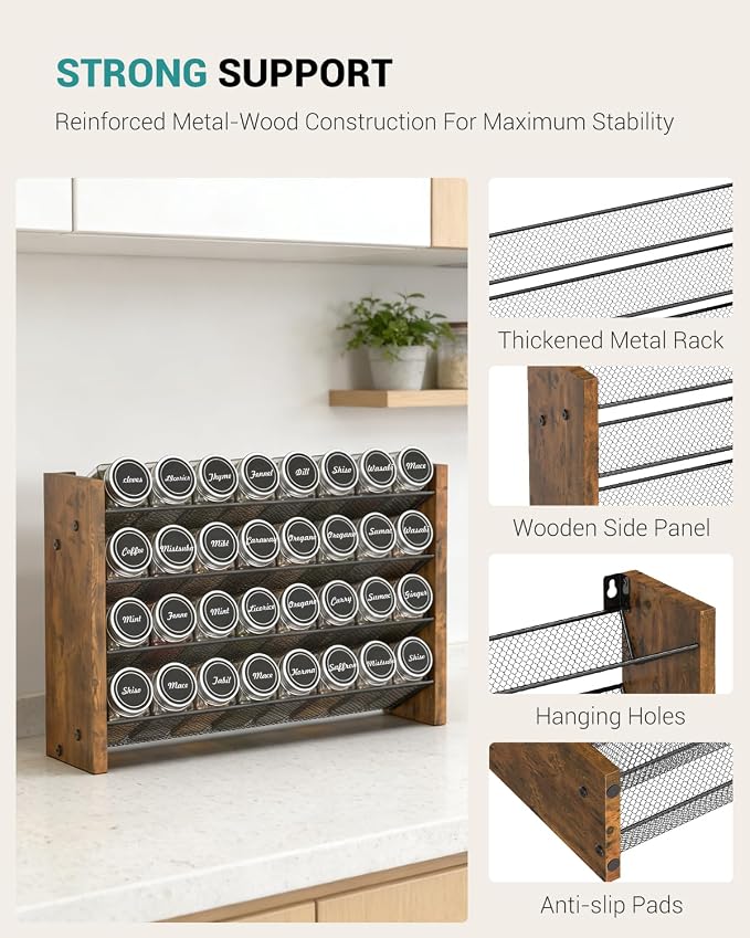 Spice Rack Organizer with 32 Glass Jars, for Cabinet Wall Mount Countertop | 4-Tier Seasoning Organizer with Labels, Chalk Marker & Funnel for Pantry, Kitchen Storage, Wood, 15.7 in W x 9.4 in H - Image 8