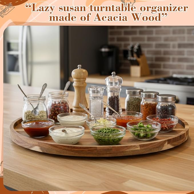20'' Wood Lazy Susan for Countertop Acacia Large Turntable Rotating Serving Tray for Table Top Non Skid Kitchen Tray Revolving Condiment Spice Rack Table Organization Storage, Natural - Image 5