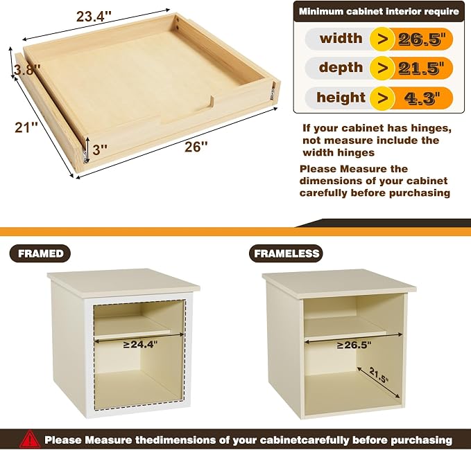 Pull Out Cabinet Organizer, 26''W×21''D Sliding Drawers for Cabinets, Soft Close Slide Out Wooden Pull out Drawers, Base Cabinet Organization for Kitchen, Pantry, Bathroom - Image 3