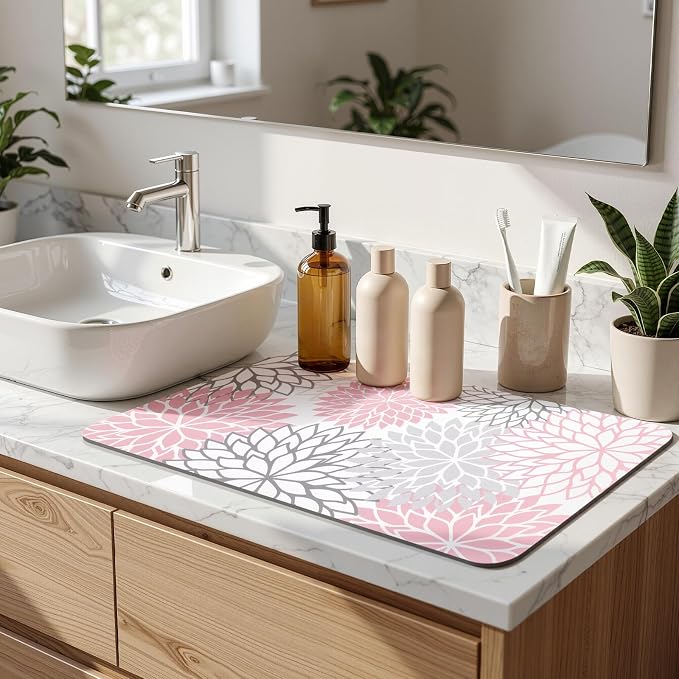 Findosom Dish Drying Mat, 12" x 20" Super Absorbent Dish Mat with Floral, Hide Stain Drying Mat for Kitchen Counter, Under Dish Rack, Coffee Maker, Espresso Machine, Pink - Image 7