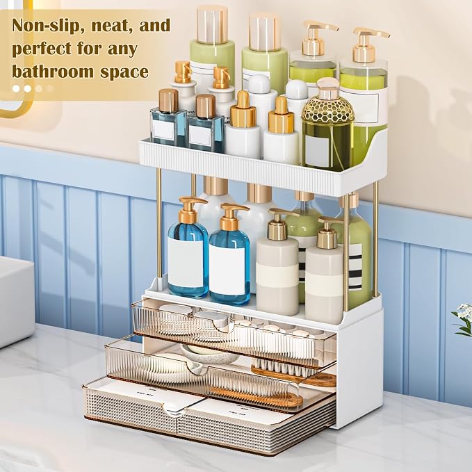 3-Drawer 2-Tier Acrylic Makeup & Bathroom Vanity Organizer | Amber,3 smooth drawers, 2 open shelves, dustproof, wipe clean, for large skincare, perfumes, lipsticks, dresser, counter - Image 3