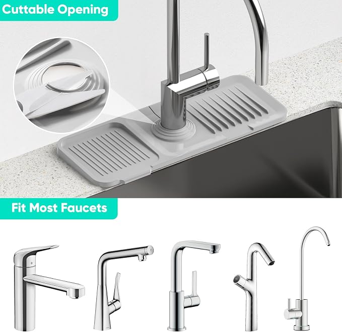 14.6'' Faucet Mat for Kitchen Sink [5°Slope Fast Self-draining] Kitchen Sink Splash Guard Silicone Kitchen Sink Faucet Mat Splash Guard for Kitchen Sink Area Faucet Guard Draining Mat Light Gray - Image 5