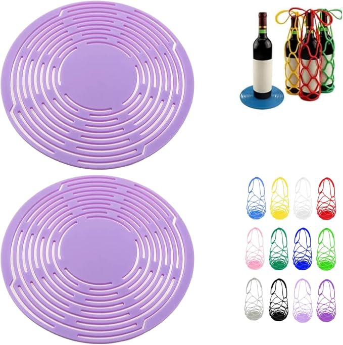 Multi-Use Silicone Storage Bag & Organizer,Multifunctional Mesh Coaster,Silicone Wine Carrier,Reusable, Foldable, Portable Coaster for Wine Bottles,Cups, Hot Dishes,and Beverages(2pcs Light Purple) by Unknown