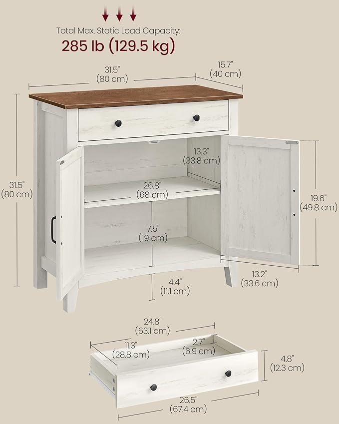 VASAGLE LIRY Collection - Buffet Cabinet, Coffee Bar Cabinet with a Drawer, Adjustable Shelf, Sideboard Storage with Cable Hole, Drawer Divider, Rustic White and Honey Brown UBBK341W01V1S - Image 3