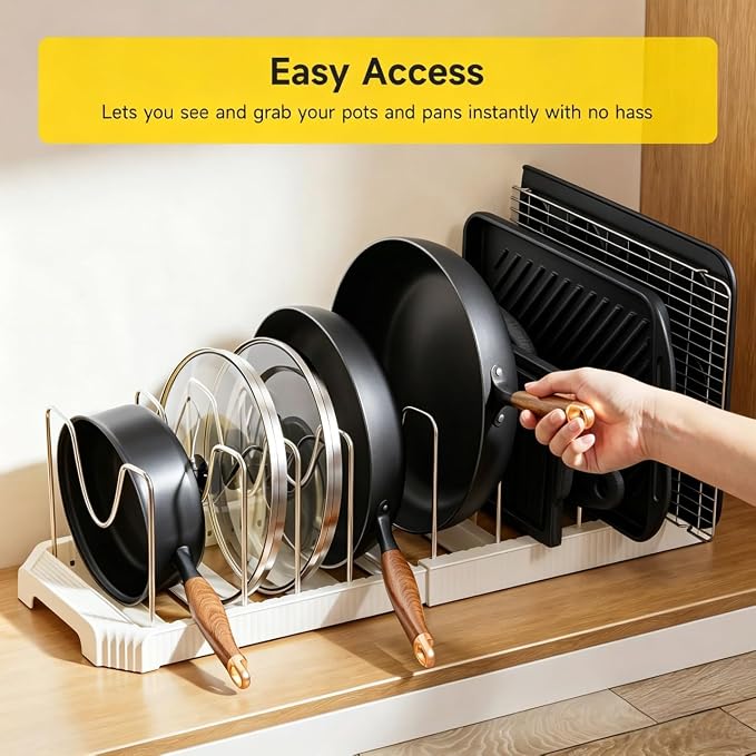 MUDEELA Pots and Pans Organizer under Cabinet, Pan Pot Organizer Inside Cabinet, Expandable 12.9''-21.88'' Pot Lid Organizer Holder with 10 Adjustable Dividers for Cutting Boards, Pan Lid Rack, White - Image 5
