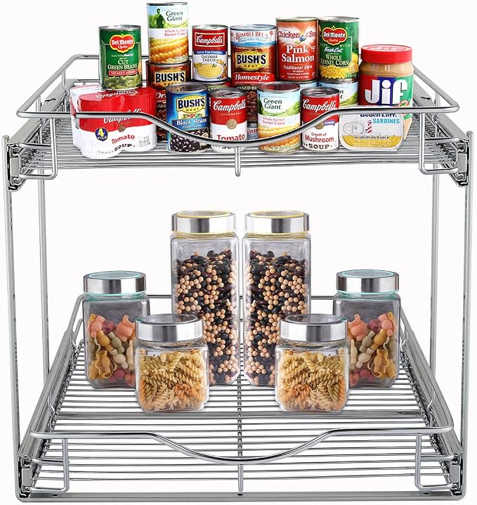 DINDON 2 Tier Pull Out Cabinet Organizer (11" W x 18" D) Heavy-Duty Metal Sliding Drawer Shelf, Two Tier Pull Out Shelves for Kitchen Cabinets, Pantry, Bathroom, Chrome Finish - Image 6