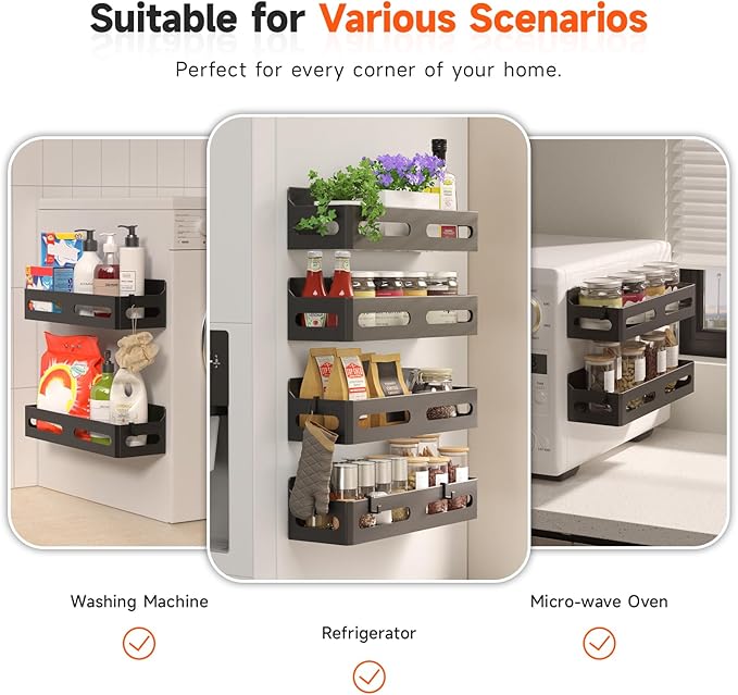 4-Pack Magnetic Spice Rack for Refrigerator with Hooks, Black | Strong multipurpose magnetic shelf for kitchen & bathroom organization. Includes 4 removable hooks for hanging items. - Image 6