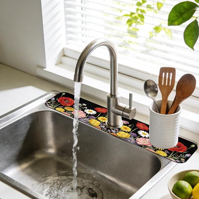 3 Pcs 2 Size Kitchen Sink Splash Guard Faucet Mat Wildflower Pattern Faucet Mats for Sinks Colorful Flower Absorbing Drying Mat for Kitchen Bathroom - Image 6