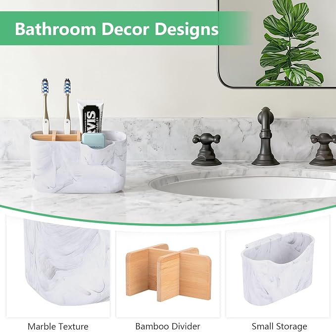 GFWARE Marble Toothbrush Holder, Bathroom Storage Organizer with Small Box | 5 Slots Kids Electric Toothbrush and Toothpaste Holder with Bamboo Divider, Marble-Look Bathroom Accessories Storage - Image 2