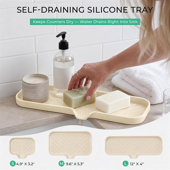 MicoYang Silicone Soap Dish with Drain Spout — Self-Draining Double Sink Organizer Tray for Kitchen & Bathroom, Dispensers, Sponges & Soap Holder, Non-Slip & Dishwasher Safe, Tapioca (Large, 12"×4") - Image 8