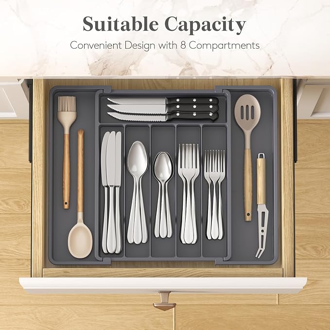 Lifewit Silverware Drawer Organizer, Expandable Utensil Tray for Kitchen, BPA Free Flatware and Cutlery Holder, Adjustable Plastic Storage for Spoons Forks Knives, 10.9"-17.5" x 13.7", Dark Grey - Image 3