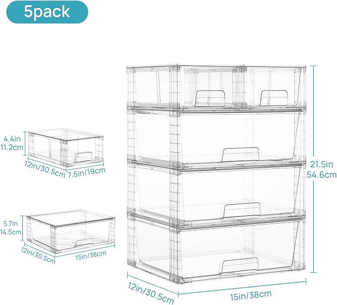Vtopmart Clear Stackable Storage Drawers, 5 Pack Wide Storage Set | Wide and Small Pull-Out PET Drawers Designed for Large and Small Item Sorting, Cabinets, Closets, Pantry - Image 3