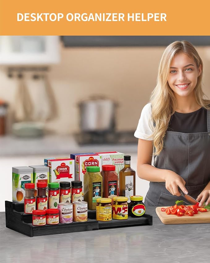 Spice Rack 3-Tier Natural Bamboo, Adjustable Cabinet Organizer Shelf | Expands 8.7-15.6"cabinets. Stepped design, labels visible.Storage organizer saves space, easy wipe. For spices, jars,cans. - Image 6