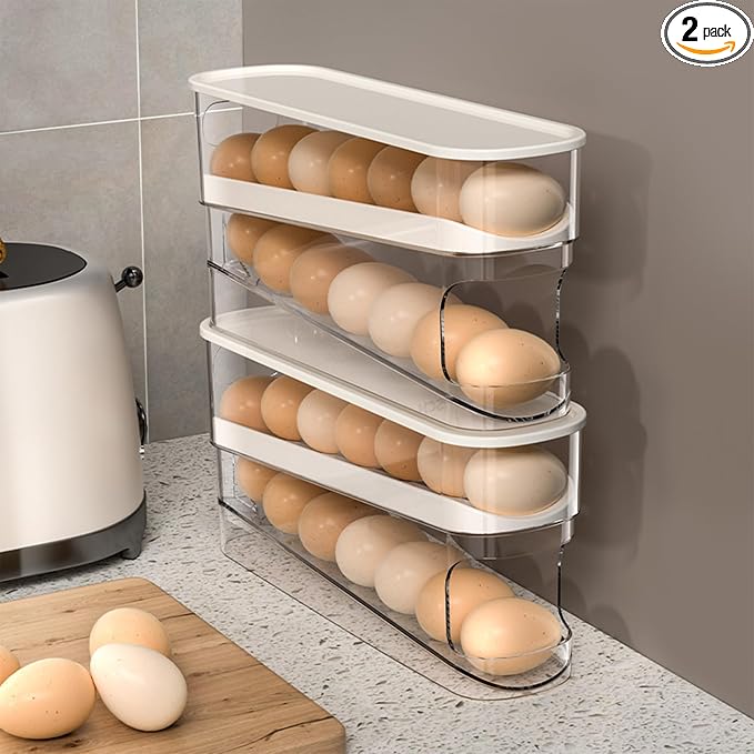 WACOI Auto Rolling Fridge Egg Organizer, Space Saving Eggs Dispenser for Refrigerator Storager with Lid,Egg Holder for Fridge 2 Pack by WACOI