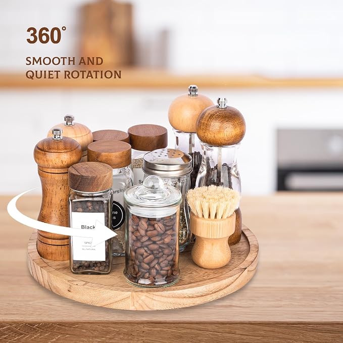 Wood Lazy Susan Turntable Kitchen Decor Round Table Tray, 11" Brown | Waterpoof, Easy clean, Non-slip, Rotating Wooden Decorative Pantry Table Tray for Seasoning, spice, snack - Image 3