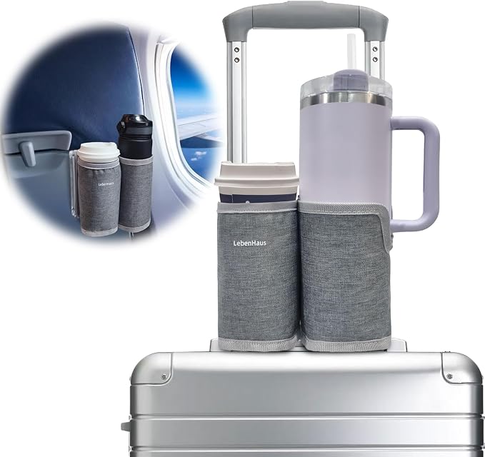 2 in 1 Luggage Cup Holder for Suitcase Airplane Drink Carrier Travel Gray | Airplane cup holder|for stanley cup|Hands Free|Coffee Beverage Organizer Gifts for Travelers by LebenHaus