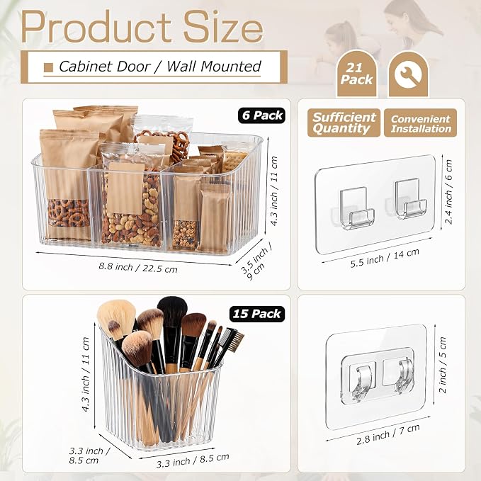 21 Pack Cabinet Door Organizer Adhesive Wall Mount Storage Bins Makeup Containers Stackable Organizer Basket for Kitchen Cabinets, Bathroom, Pantry, Office, Refrigerator (Frosted Clear) - Image 2