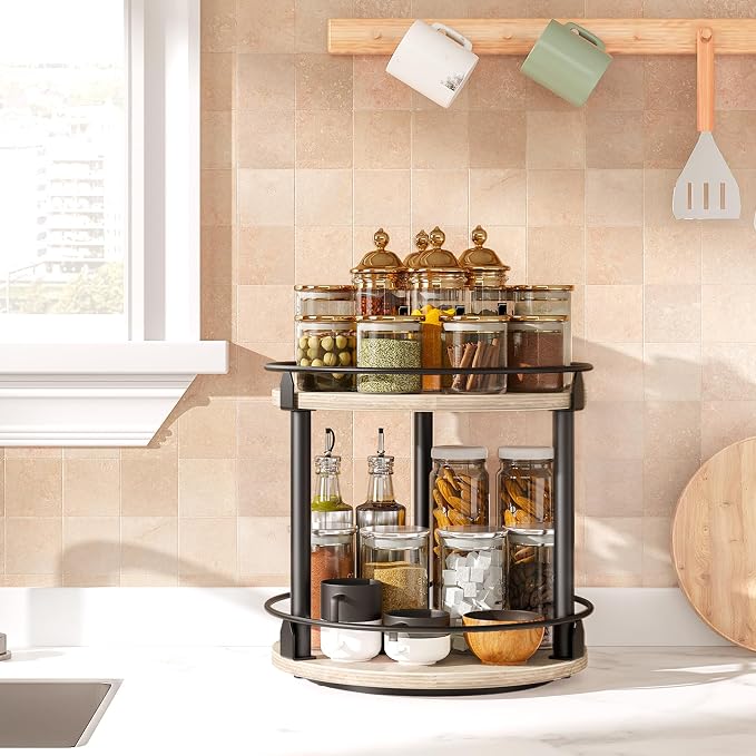 Lazy Susan Organizer, Rotating Spice Rack, 2 Tier Spice Turntable Organizer, Industrial Turntable Spice Holder, for Kitchen Countertop and Cabinet, Compact and Versatile, Greige SR22BG - Image 2