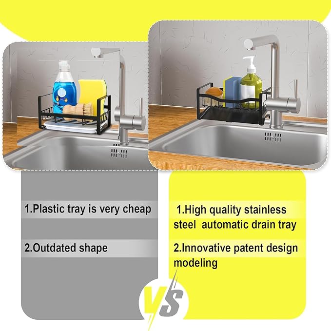 Stainless Steel Kitchen Sink Caddy Organizer with Auto Drain Tray, Sponge Holder for Countertop Storage - Image 4