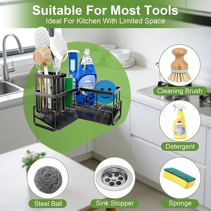 Fikoksol Large Sponge Holder for Kitchen Sink, 90-Degree Sink Caddy Storage | Self Draining Sponge Rack for Countertop, Metal L-Shaped Dish Soap Organizer with Brush Holder, Corner Sink Storage Ideas - Image 4