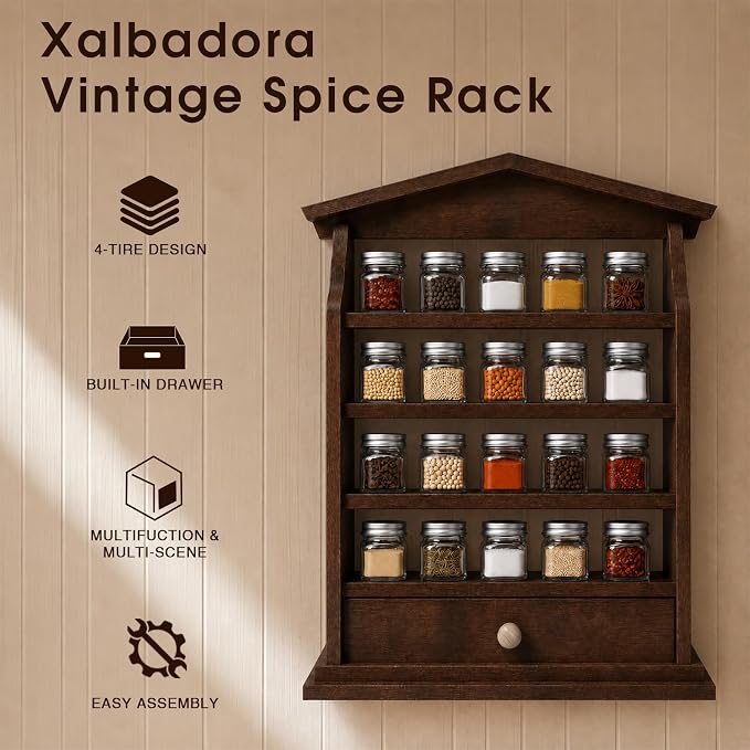 Vintage Farmhouse Wooden Spice Rack Wall Mount – 4-Tier Rustic Kitchen Organizer with Drawer, Holds 24 Small Spice Jars, Decorative Wall Storage Shelf (Dark Brown) - Image 3