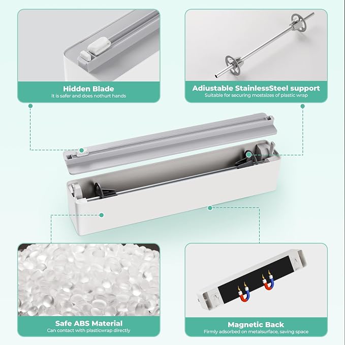 Magnetic Plastic Wrap Dispenser with Cutter - Quasziwa Upgrade Practical Refillable Cling Wrap Aluminum Tin Foil Organizer for Drawer, Include an Extra Roll of 12"X 164' Food Cling Film - Grey - Image 7