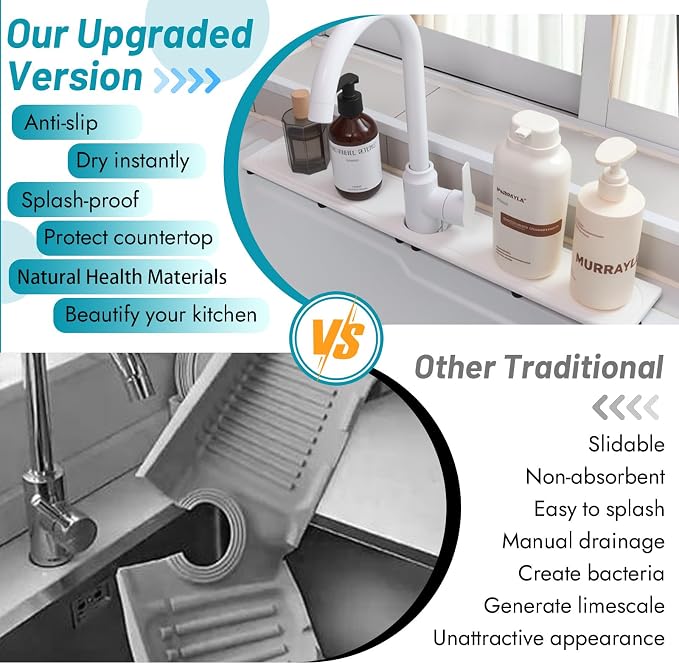 Faucet Mat for Kitchen Sink with Raised Feet, Fast Drying Diatomite Stone Sink Tray, Water Absorbent Faucet & Sink Splash Guard, Prevents Moisture Buildup, Durable Protector for Bathroom Counter - Image 5