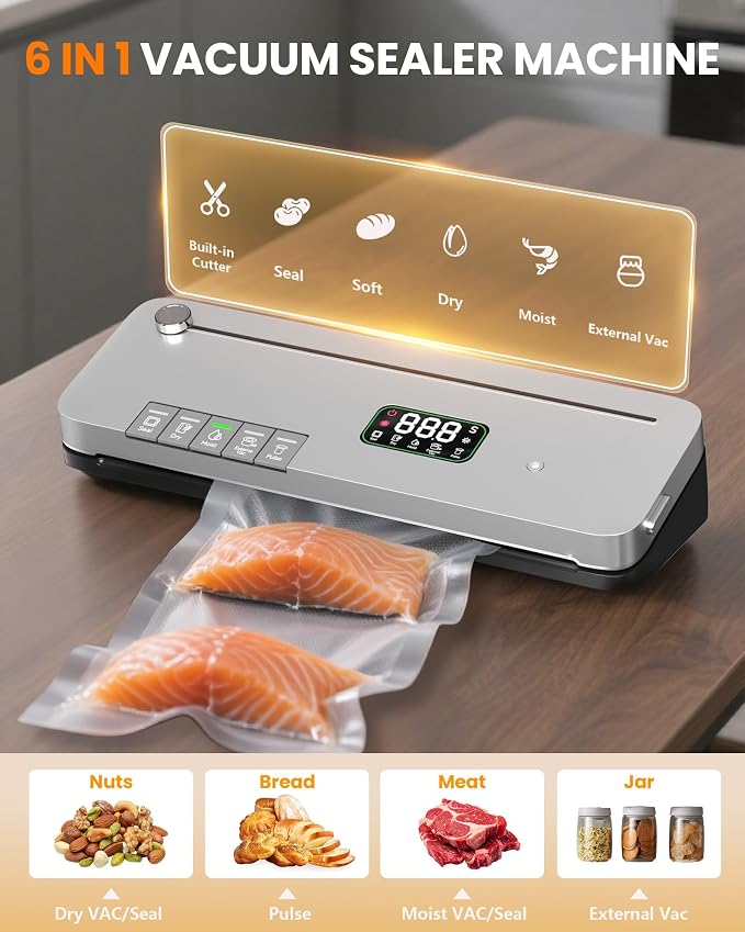 Food Vacuum Sealer Machine 75kPa, Built-in Cutter, Pulse Function, Digital Timer Dry/Moist Modes, External Vacuum for Jars, 20 Bags Included, Compact Design for Meal Prep Sous Vide and Bulk Storage - Image 7