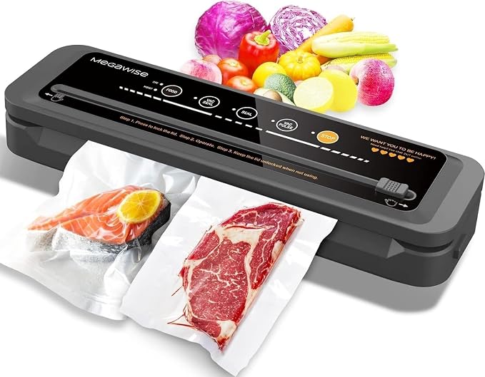 MegaWise Vacuum Sealer Machine | 80kPa Suction Power | Vac Seal Machine | Bags and Cutter Included|Compact One-Touch Automatic with External Vacuum System|Dry Moist Fresh Modes for All Saving needs by MEGAWISE