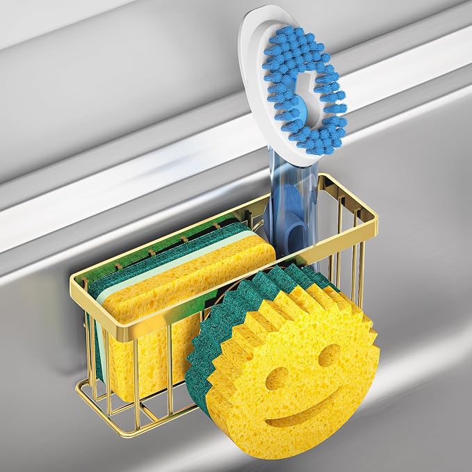 MURLONG Sponge Holder Smiley Face, Sink Caddy for Kitchen Sink, Sink Organizer Sponge Holder with 2 PCS Suction Cups/1 PCS Adhesive Strips, Designed for Sponge, Soap, Dish Brush, Scrubber-Gold by MURLONG
