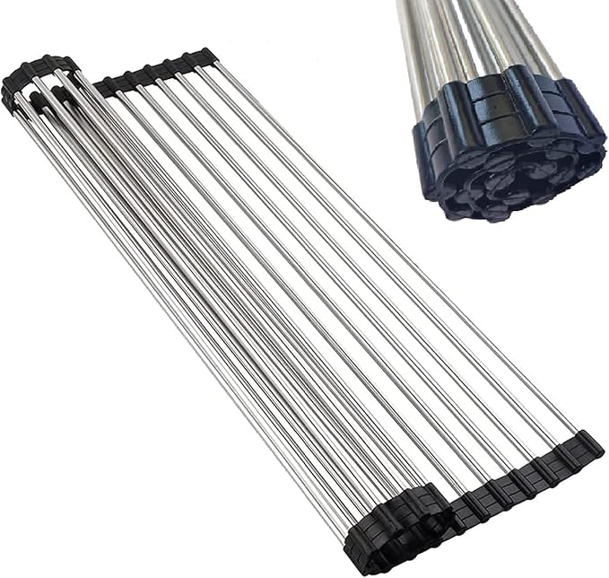 Roll up Dish Drying Rack Over The Sink Portable Stainless Still Rolling Rack Folding Mat for Kitchen Counter (Black, 17.7''LX11.8''W) - Image 7