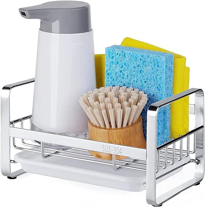 HULISEN Kitchen Sink Sponge Holder, 304 Stainless Steel Kitchen Soap Dispenser Caddy Organizer, Countertop Soap Dish Rack Drainer with Removable Drain Tray, not Including Dispenser and Brush | Removable Drain Tray, Holds Sponges Soap Bottles Brushes, C... by HULISEN