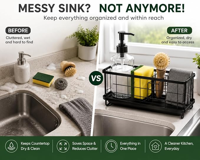 Kitchen Sink Caddy Organizer with Removable with Drain Tray, Rustproof Sponge Holder for Kitchen Counter, Carbon Steel Sink Organizer for Soap Dispenser, Sponge, Scrub Brush & Cleaning Accesories - Image 6