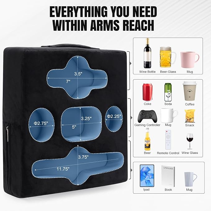 Couch Cup Holder Pillow Tray - Sofa Drink Cup Holder Cozy Buddy | Bed Caddy Organizer for Remote, Snacks Beverage, Phones, Tablet | Use it on Car, Pack, Beach, RV, Boat, Bedroom (Black) - Image 2