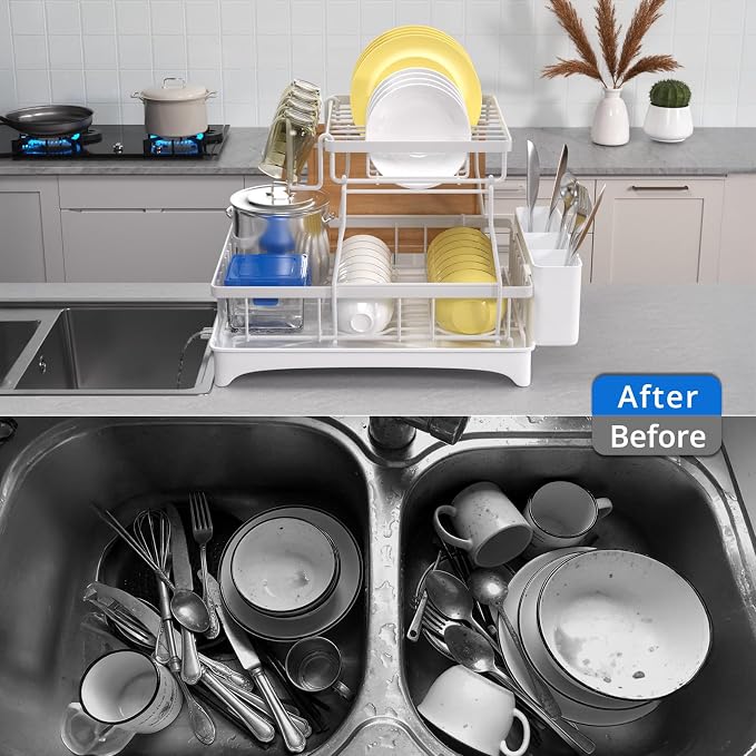 2-Tier Dish Drying Rack - Dish Rack with Auto Drain-to-Sink & Mat | Dish Racks for Kitchen Counter, Dish Drainer with Knife Fork & Cup Rack, Gifts for Women, Mothers Day, Kitchen Gadgets, White - Image 7