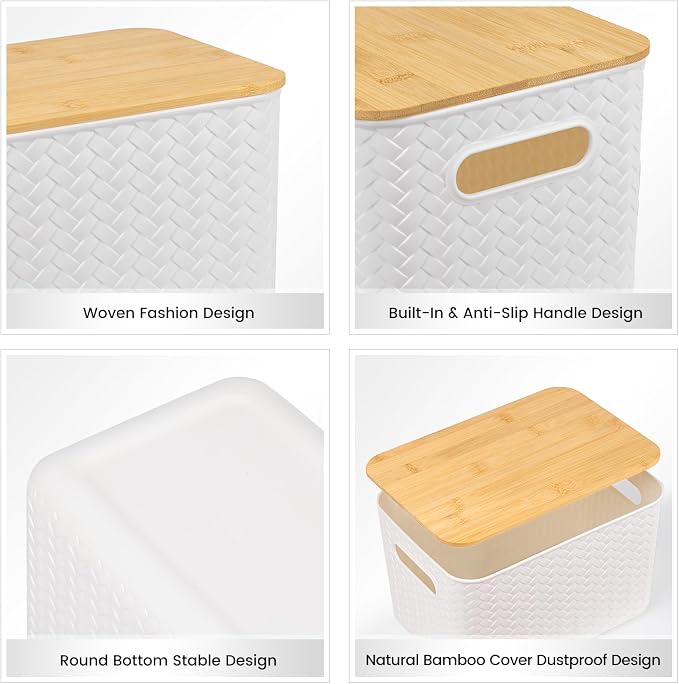 Ohmlove 4 Pack Storage Bins with Bamboo Lids,Stackable Box for Organization | Plastic Storage Containers with Handle, Storages Baskets for Organizing Desktop Closet Playroom Classroom Office, White - Image 3