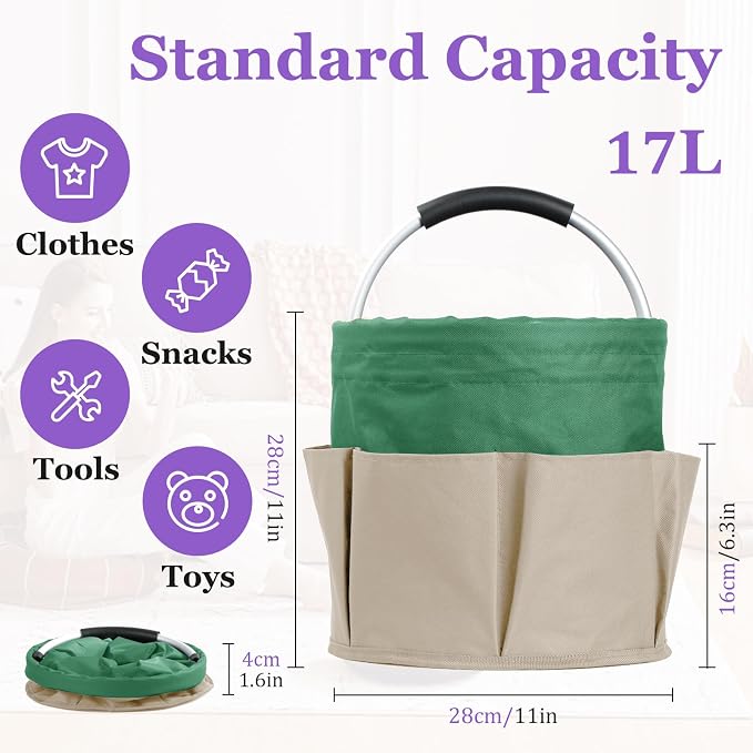 17L Foldable Cleaning Supplies Caddy with Handle, Khaki with Green | IHOMAGIC 6-Pocket Tool Bag, 600D Oxford Cleaning Tote Bucket, Portable Storage Basket Organizer for Car Detailing, Gardening - Image 2
