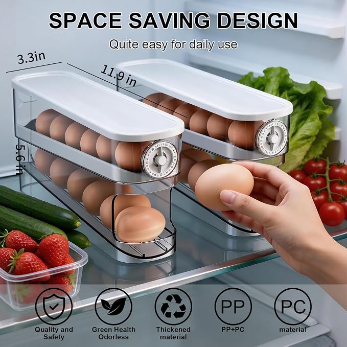 Auto Rolling Egg Holder for Fridge, Egg Dispenser/Organizer/Storage/Container with Lid & Date Timer for Refrigerator, Sturdy and Durable Space-Saving Egg Tray for 12 Large Eggs - Image 4