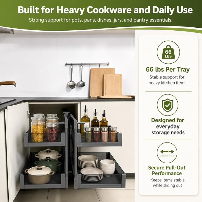 Blind Corner Cabinet Pull Out Organizer, Heavy-Duty Magic Corner Shelves with Soft Close, 2-Tier Full Extension Baskets for 13",14.1",15.3",16.9" Kitchen Cabinets, Left & Right Compatible - Image 7