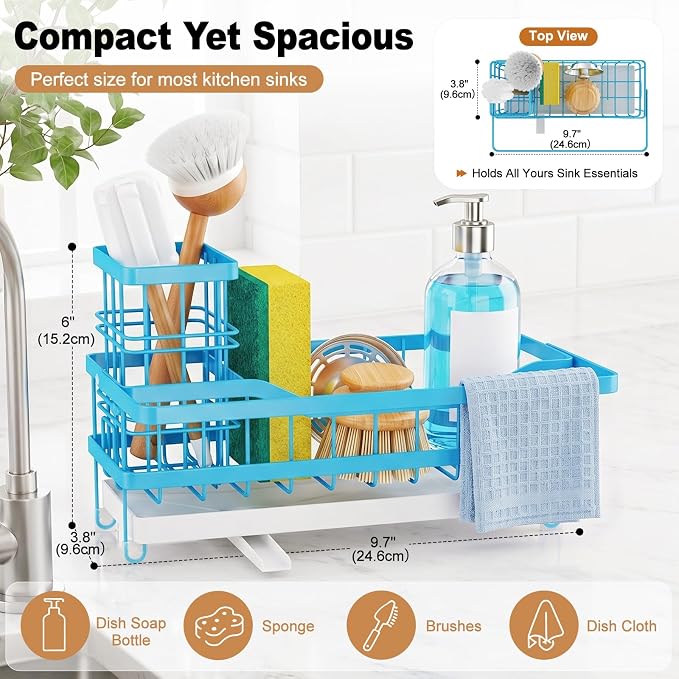 Sponge Holder for Kitchen Sink, Self-draining Sink Caddy with Towel Rack and Brush Holder, Metal Kitchen Countertop Organizers and Storage Essentials, Blue - Image 2