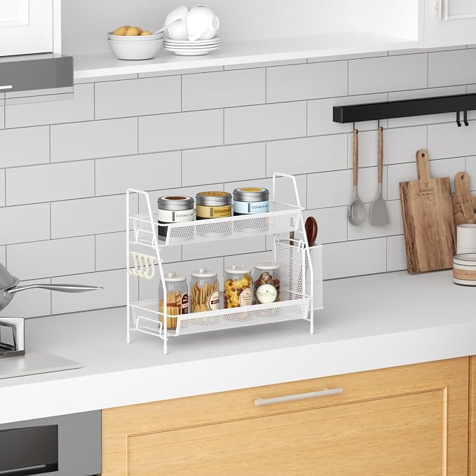 VITVITI 2 Tier Bathroom Countertop Organizer, Vanity Storage Shelf, White | Bathroom Counter Organizer, Vanity Makeup Tray Shelf, Kitchen Spice Rack, Metal Wire Mesh, with Basket Hooks - Image 4