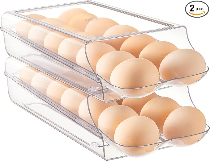 Vtopmart 2 Pack Egg Holder for Fridge, Automatic Rolling Egg Container | Stackable Clear 14-Count Eggs Organizer with Removable Inner Tray, Egg Storage for Refrigerator, Space Saving by Vtopmart