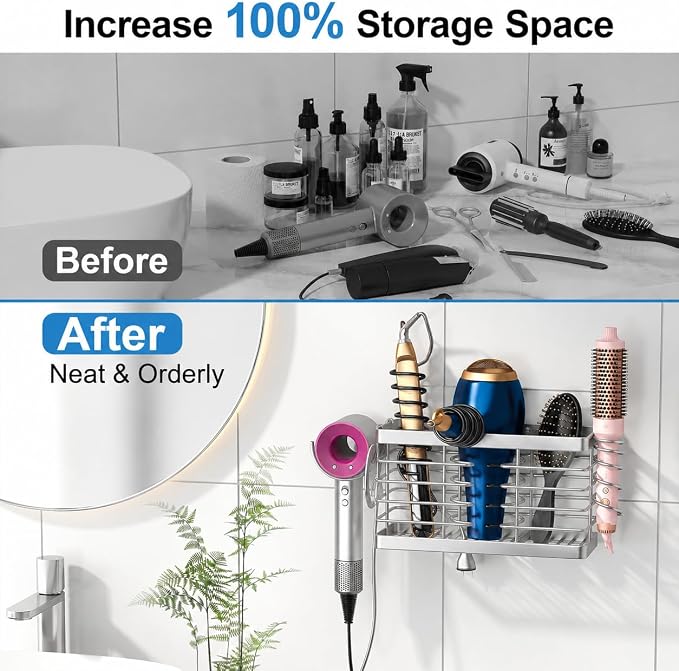 2026 Upgraded 3-in-1 Universal Hair Tool Organizer, L Size, Sliver | Adjustable Height Metal Hair Dryer Holder, Wall Mounted, Over Cabinet Door, Countertop, Bathroom Storage - Image 3