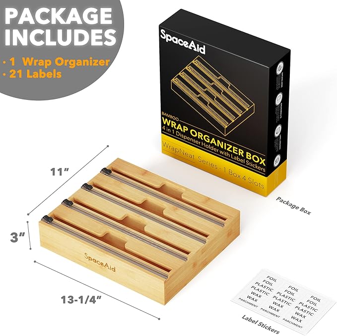 SpaceAid WrapNeat 4 in 1 Wrap Dispenser with Cutter and Labels, Plastic Wrap, Aluminum Foil and Wax Paper Dispenser for Kitchen Drawer, Bamboo Roll Organizer Holder, Compatible with 12" Roll - Image 2