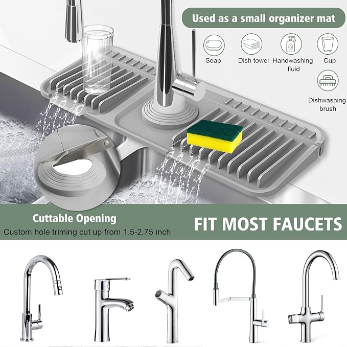 14.6-Inch Kitchen Sink Splash Guard Mat | 7° Slope for Fast Self-Draining | Snap-Lock Design | Universal & Cuttable Silicone Faucet Mat GRAY - Image 6