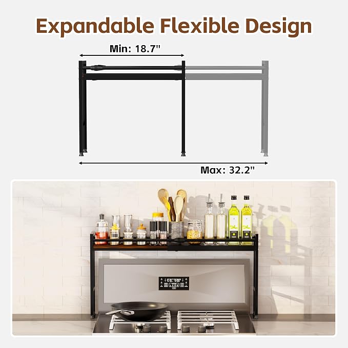Over the Stove Shelf, Adjustable Spice Shelf for Kitchen, Sink | Rustic Metal & Wood Shelf Organizer | Extendable & 3 Level Adjustable Height Spice Rack for Back of Stove - Image 7