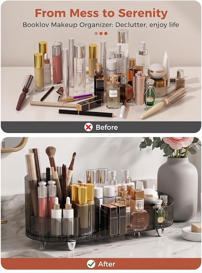 Booklov Rotating Makeup Organizer for Vanity Countertop, Smoke | Clear Acrylic Cosmetic Display Case, Large Beauty Brush Holder for Bathroom Counter, Skincare Lipsticks Storage - Image 6