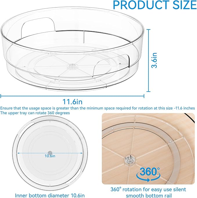 12" W Clear Acrylic Lazy Susan Turntable for Refrigerator,Cabinet - with Handle - 2 Pack Large Fridge Sauce Condiment Turn Table Organizer,Spinning Round Spice Rack Carousel for Pantry,Kitchen - Image 3