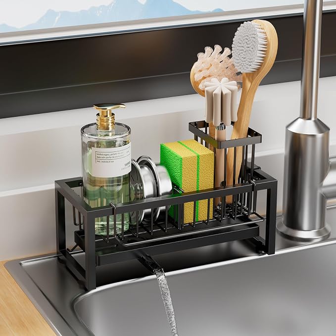 Sponge Holder for Kitchen Sink, 304 Stainless Steel Sink Caddy with Tall Brush Holder & Self-Draining Tray, 3-Compartment Countertop Organizer for Dish Soap Dispenser, Sponge, Scrubber, Black by Unknown