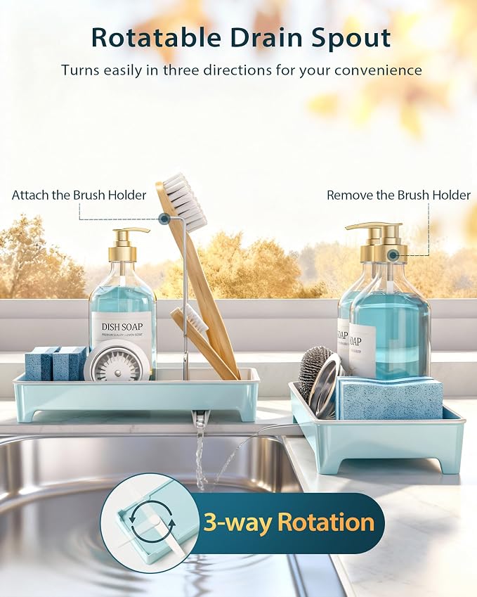 Minimalist Sink Caddy, Rustproof Sponge Holder for Kitchen Sink Blue | Large Rustproof countertop organizer with 304 stainless steel brush holder, raised ridges and silicone drain tube - Image 5